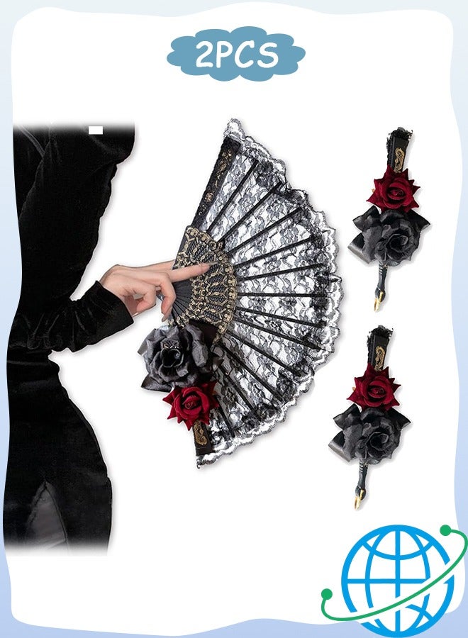 MXN 2 Pcs Hand Fan Lace Rose Handheld, Vintage Retro Flower Large Folding Fan for Women Lace Dancing Gift European Style for Wedding Party Show Cosplay Photo Props Decorations - Image 1